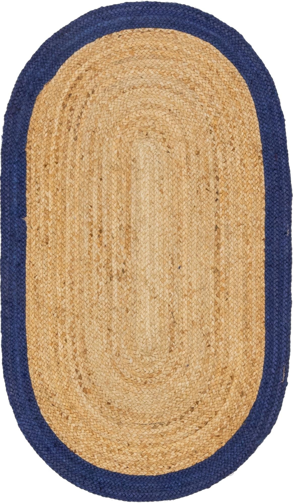 Natural Jute Oval Rug with Navy Blue Border | Hand-Woven Coastal Farmhouse Area Rug