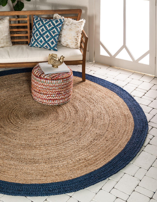Handmade Natural Jute Round Floor Area Rug with Contrast Border |Coastal Area Carpet Rug