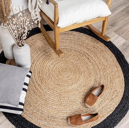 Handmade Natural Jute Round Floor Area Rug with Contrast Border |Coastal Area Carpet Rug