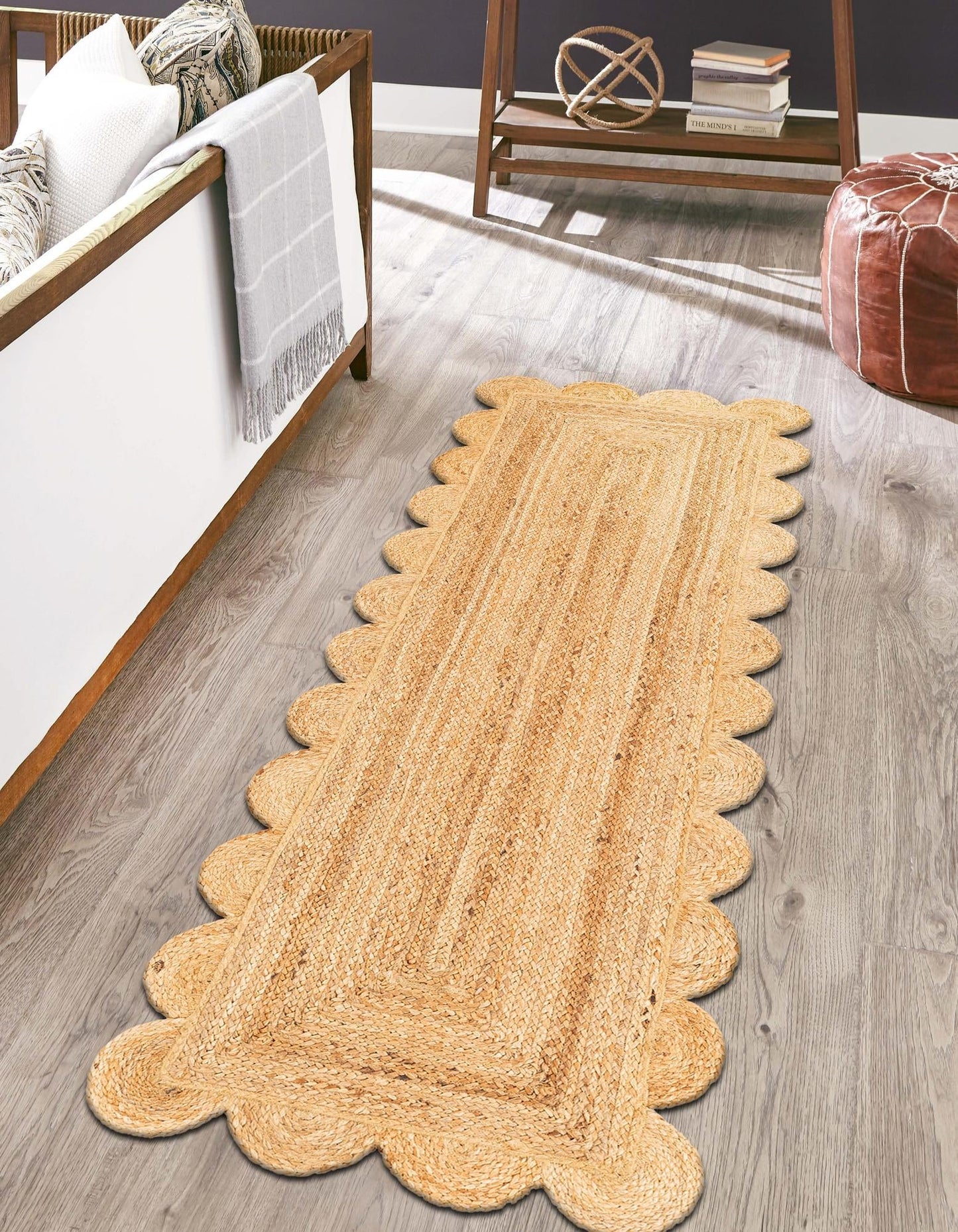 Handmade Natural Jute Scalloped Rectangular Rug – Eco Friendly Boho Carpet for Living Room & Bedroom
