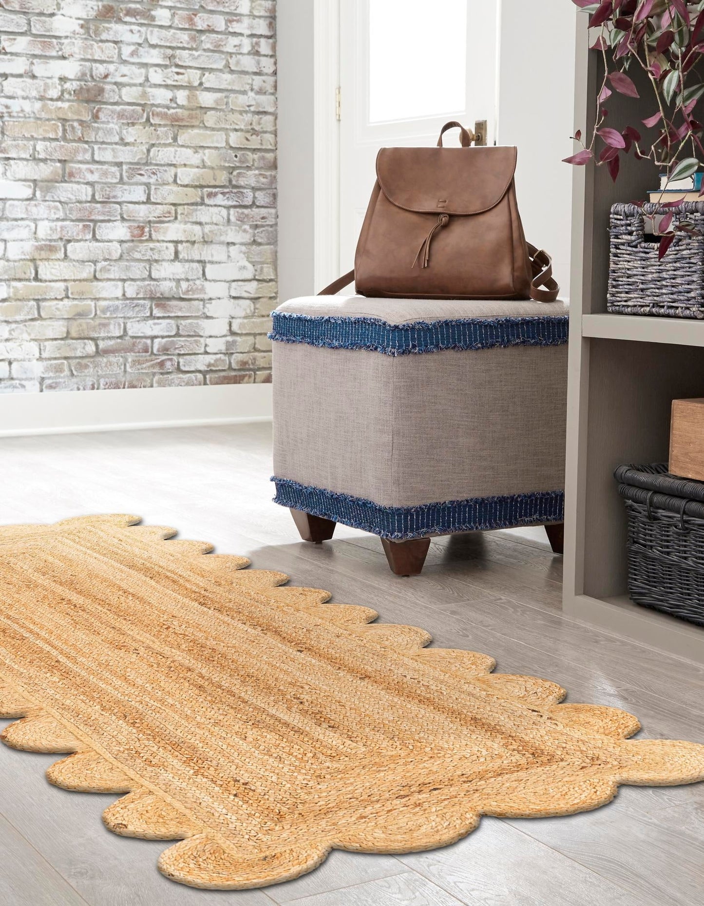 Handmade Natural Jute Scalloped Rectangular Rug – Eco Friendly Boho Carpet for Living Room & Bedroom