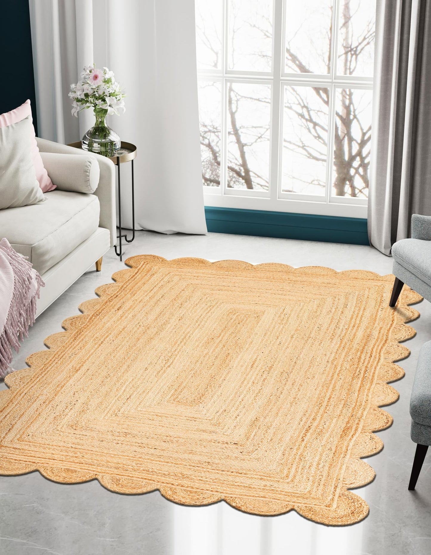 Handmade Natural Jute Scalloped Rectangular Rug – Eco Friendly Boho Carpet for Living Room & Bedroom