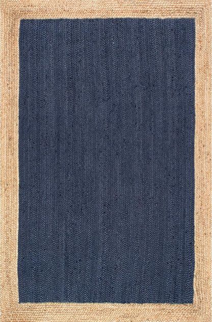 Handmade Braided Natural Jute Inner Blue With Natural Border Border Floor Area Runner Rug