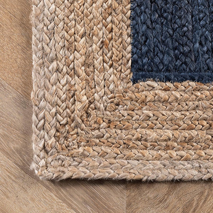 Handmade Braided Natural Jute Inner Blue With Natural Border Border Floor Area Runner Rug