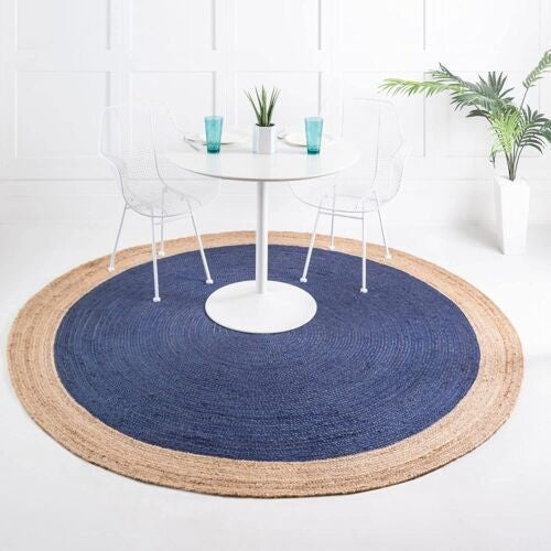 Round Jute Area Rug with Navy Blue Center & Natural Border | Handwoven Coastal Area Carpet