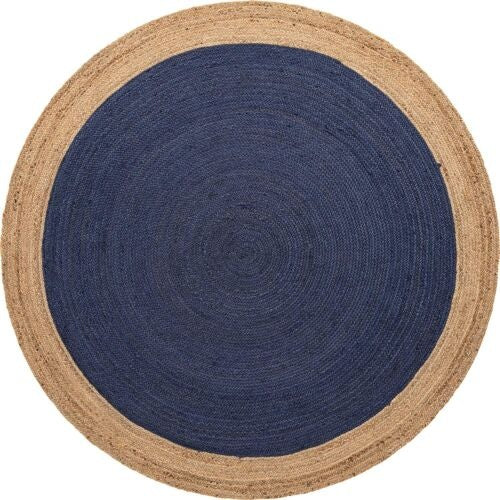 Round Jute Area Rug with Navy Blue Center & Natural Border | Handwoven Coastal Area Carpet