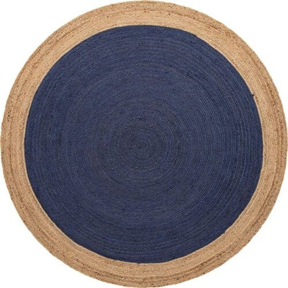 Round Jute Area Rug with Navy Blue Center & Natural Border | Handwoven Coastal Area Carpet