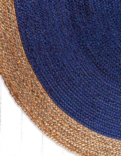 Round Jute Area Rug with Navy Blue Center & Natural Border | Handwoven Coastal Area Carpet