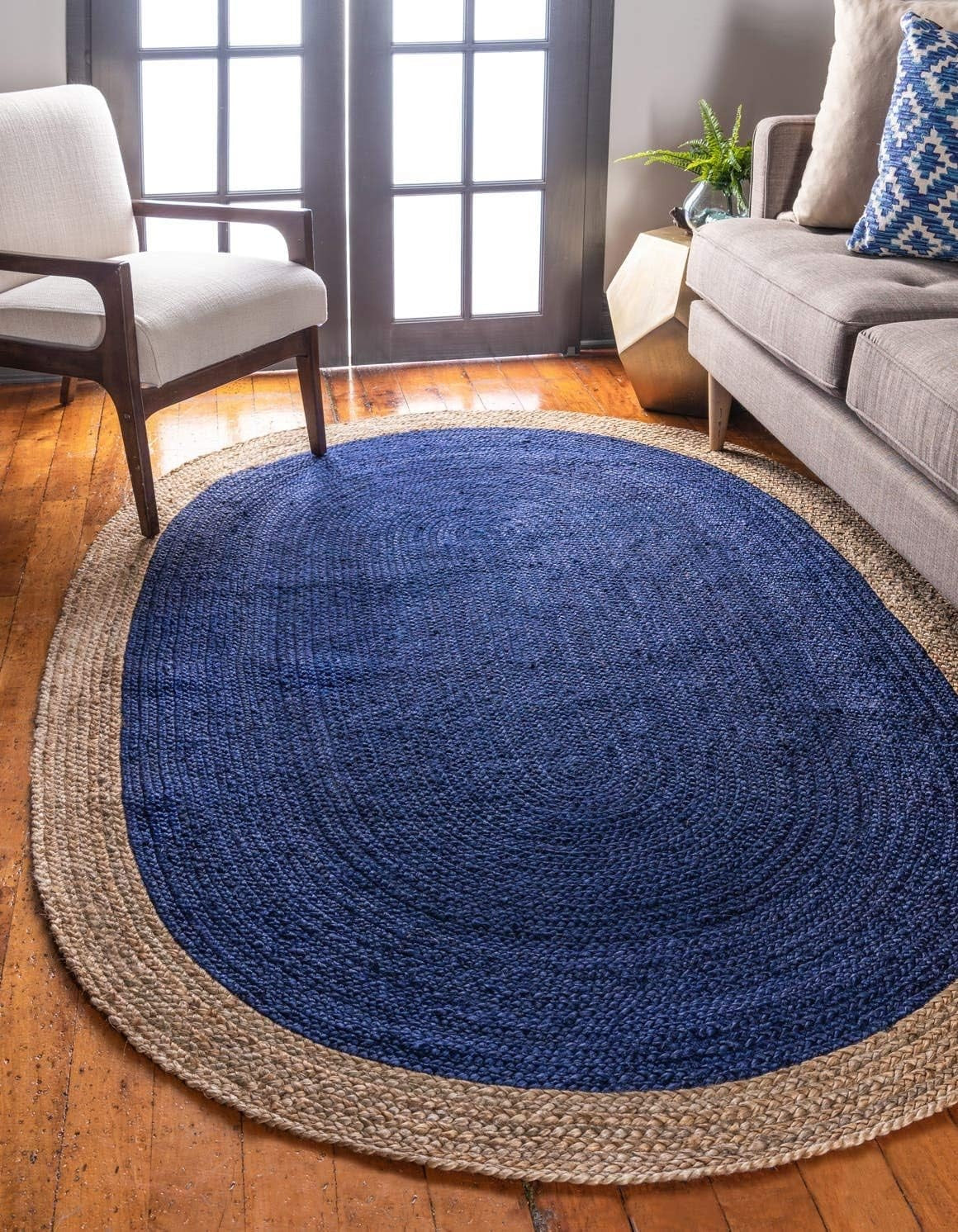 Navy Blue & Natural Border Jute Oval Rug | Hand-Woven Coastal Reversible Area Rug