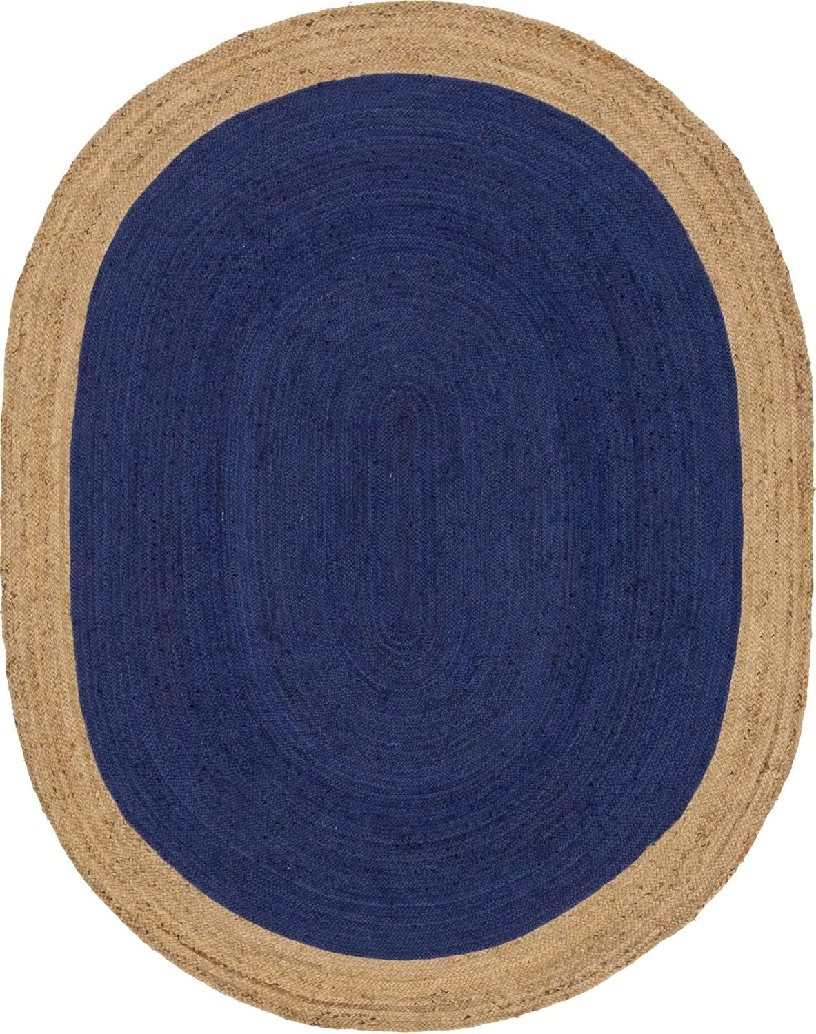 Navy Blue & Natural Border Jute Oval Rug | Hand-Woven Coastal Reversible Area Rug