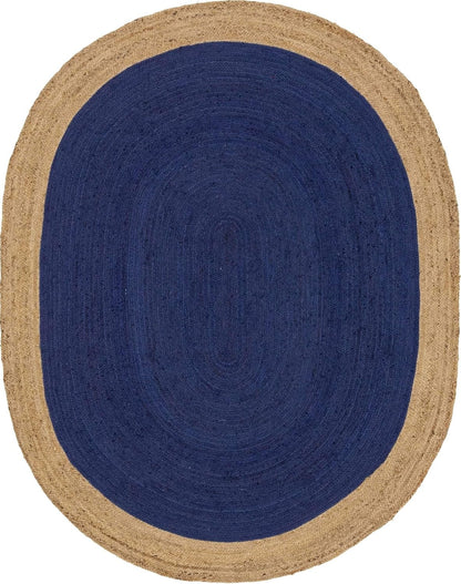 Navy Blue & Natural Border Jute Oval Rug | Hand-Woven Coastal Reversible Area Rug