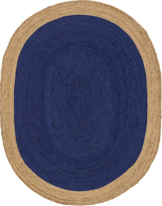 Navy Blue & Natural Border Jute Oval Rug | Hand-Woven Coastal Reversible Area Rug