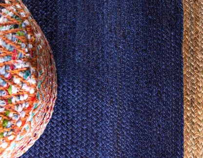 Navy Blue & Natural Border Jute Oval Rug | Hand-Woven Coastal Reversible Area Rug