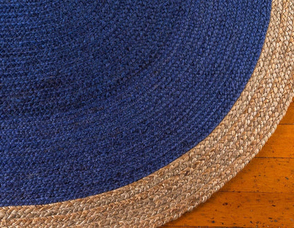 Navy Blue & Natural Border Jute Oval Rug | Hand-Woven Coastal Reversible Area Rug