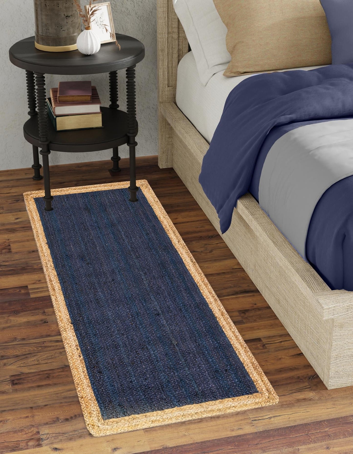 Handmade Braided Natural Jute Inner Blue With Natural Border Border Floor Area Runner Rug