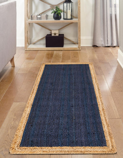 Handmade Braided Natural Jute Inner Blue With Natural Border Border Floor Area Runner Rug