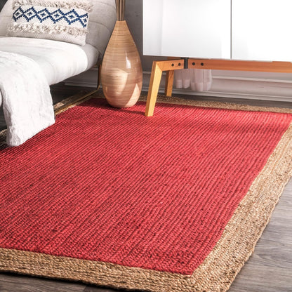 Handmade Braided Natural Jute Inner Red With Natural Border Border Floor Area Runner Rug