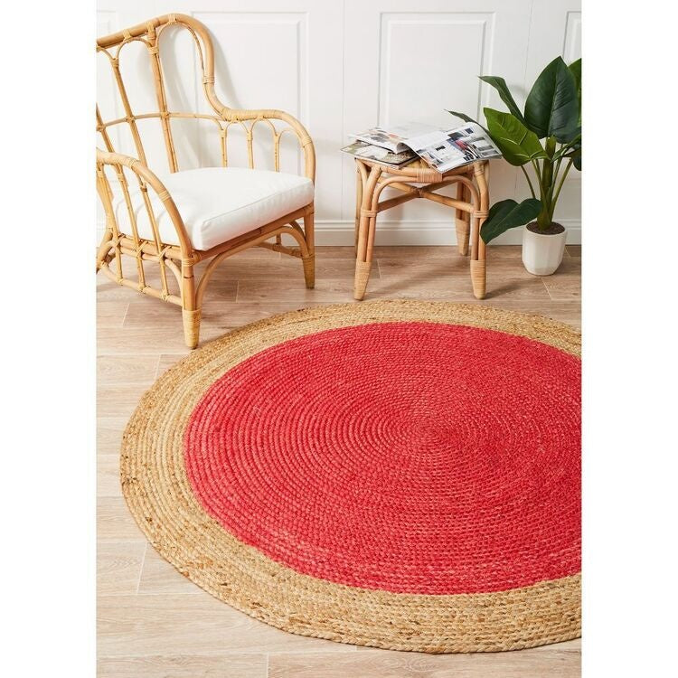 Round Jute Area Rug with Red Center & Natural Border | Handwoven Boho Area Carpet