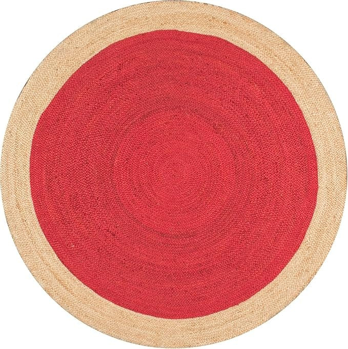 Round Jute Area Rug with Red Center & Natural Border | Handwoven Boho Area Carpet