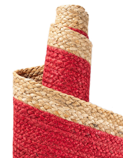Round Jute Area Rug with Red Center & Natural Border | Handwoven Boho Area Carpet