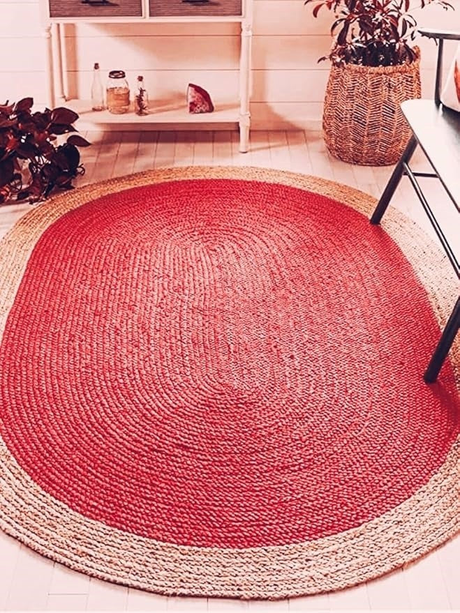 Artisan Crimson Red & Natural Border Jute Oval Rug | Modern Farmhouse Hand-Braided Area Rug