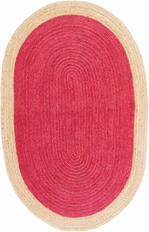 Artisan Crimson Red & Natural Border Jute Oval Rug | Modern Farmhouse Hand-Braided Area Rug
