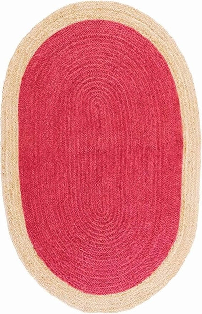 Artisan Crimson Red & Natural Border Jute Oval Rug | Modern Farmhouse Hand-Braided Area Rug