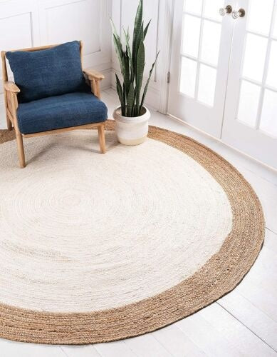 Handmade Natural Jute White Round Area Rug with Natural Border – Eco-Friendly Braided Area Rug Floor Carpet