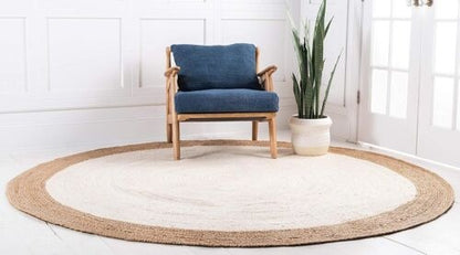 Handmade Natural Jute White Round Area Rug with Natural Border – Eco-Friendly Braided Area Rug Floor Carpet