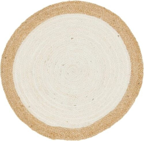 Handmade Natural Jute White Round Area Rug with Natural Border – Eco-Friendly Braided Area Rug Floor Carpet