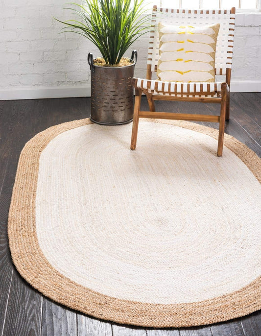 Natural Ivory Center Oval Jute Rug with Hand-Braided Border | Eco-Friendly Farmhouse Area Rug