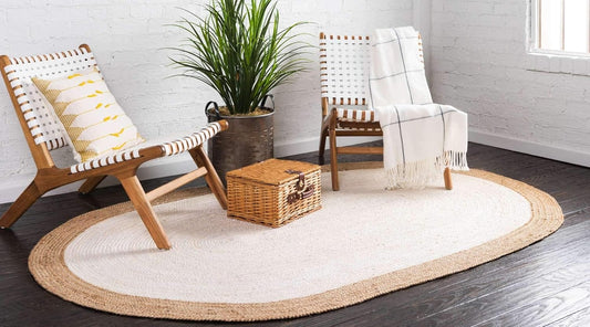 Natural Ivory Center Oval Jute Rug with Hand-Braided Border | Eco-Friendly Farmhouse Area Rug