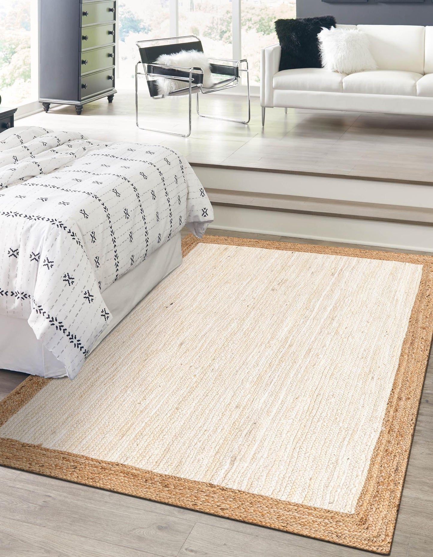 Handmade Braided Natural Jute Inner White With Natural Border Border Floor Area Runner Rug