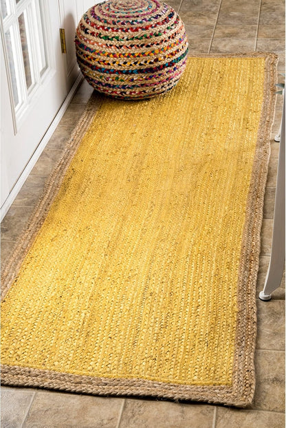 Handmade Braided Natural Jute Inner Yellow With Natural Border Border Floor Area Runner Rug