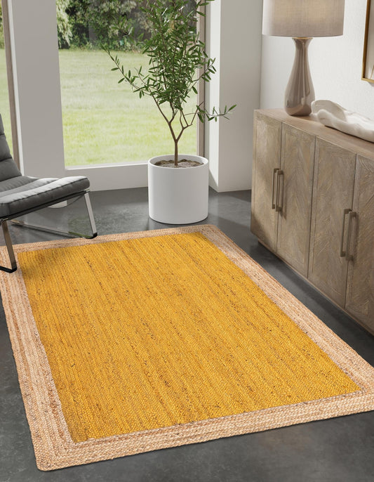Handmade Braided Natural Jute Inner Yellow With Natural Border Border Floor Area Runner Rug