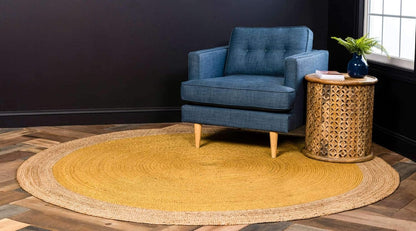 Handmade Natural Jute Yellow Round Area Rug with Natural Border – Eco-Friendly Braided Area Rug Floor Carpet