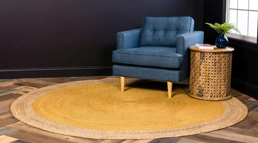 Handmade Natural Jute Yellow Round Area Rug with Natural Border – Eco-Friendly Braided Area Rug Floor Carpet