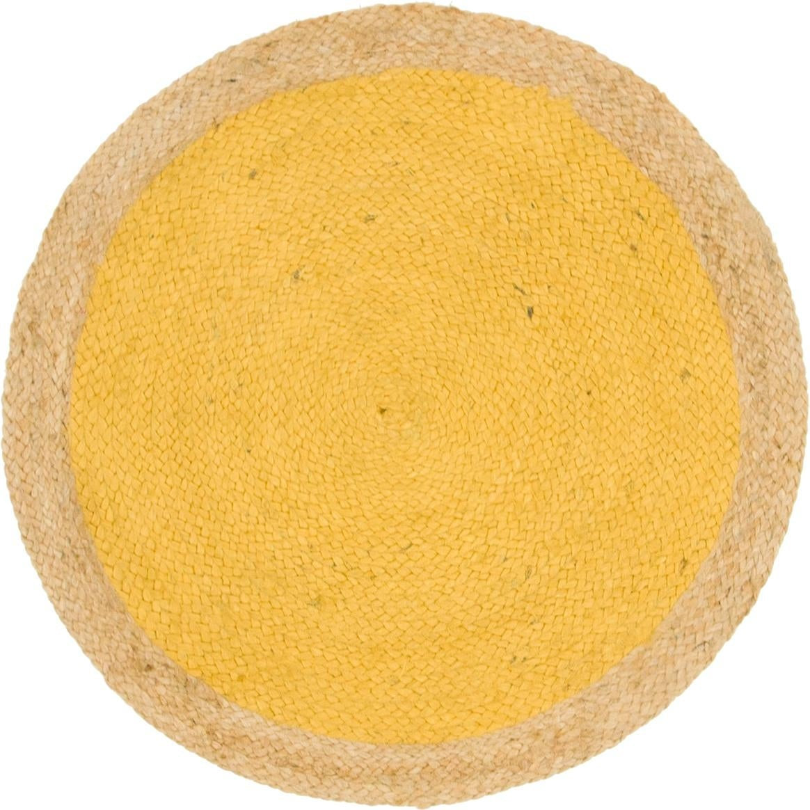Handmade Natural Jute Yellow Round Area Rug with Natural Border – Eco-Friendly Braided Area Rug Floor Carpet