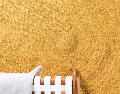 Handmade Natural Jute Yellow Round Area Rug with Natural Border – Eco-Friendly Braided Area Rug Floor Carpet
