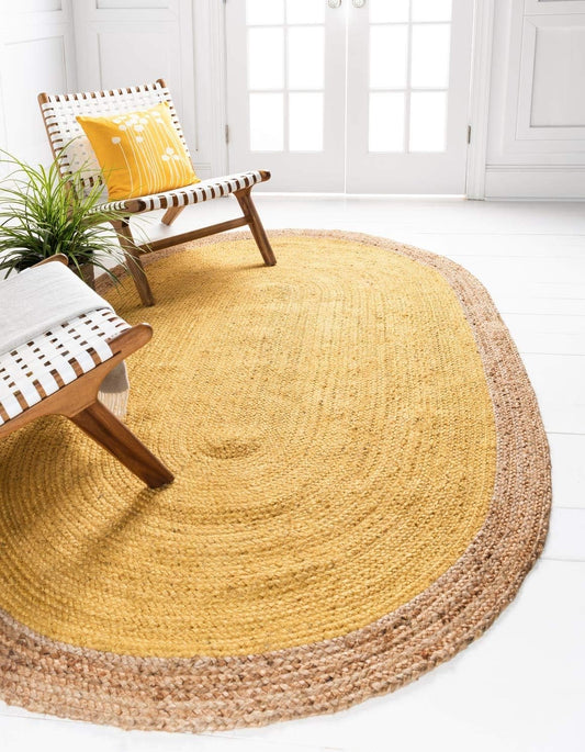 Handmade Round Yellow & Natural Jute Rug – Inner Yellow with Natural Border | Eco-Friendly Area Rug