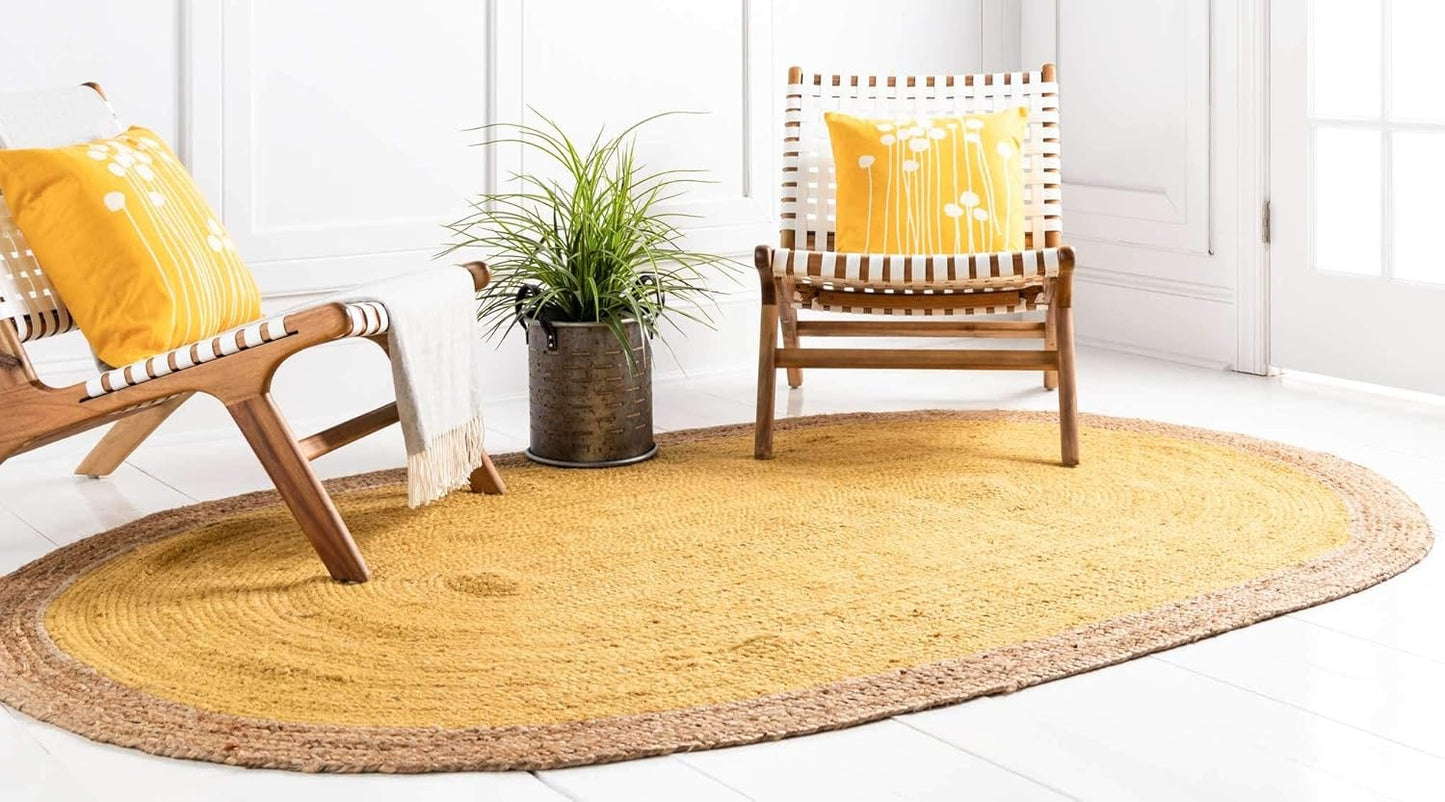 Handmade Round Yellow & Natural Jute Rug – Inner Yellow with Natural Border | Eco-Friendly Area Rug