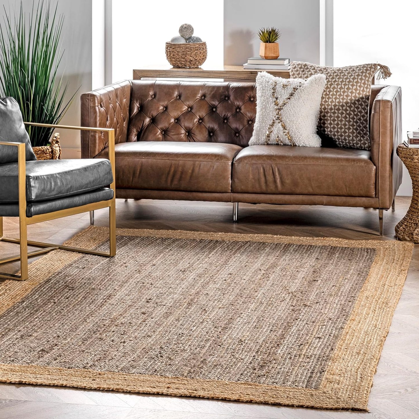 Handmade Braided Natural Jute Inner Grey With Natural Border Border Floor Area Runner Rug