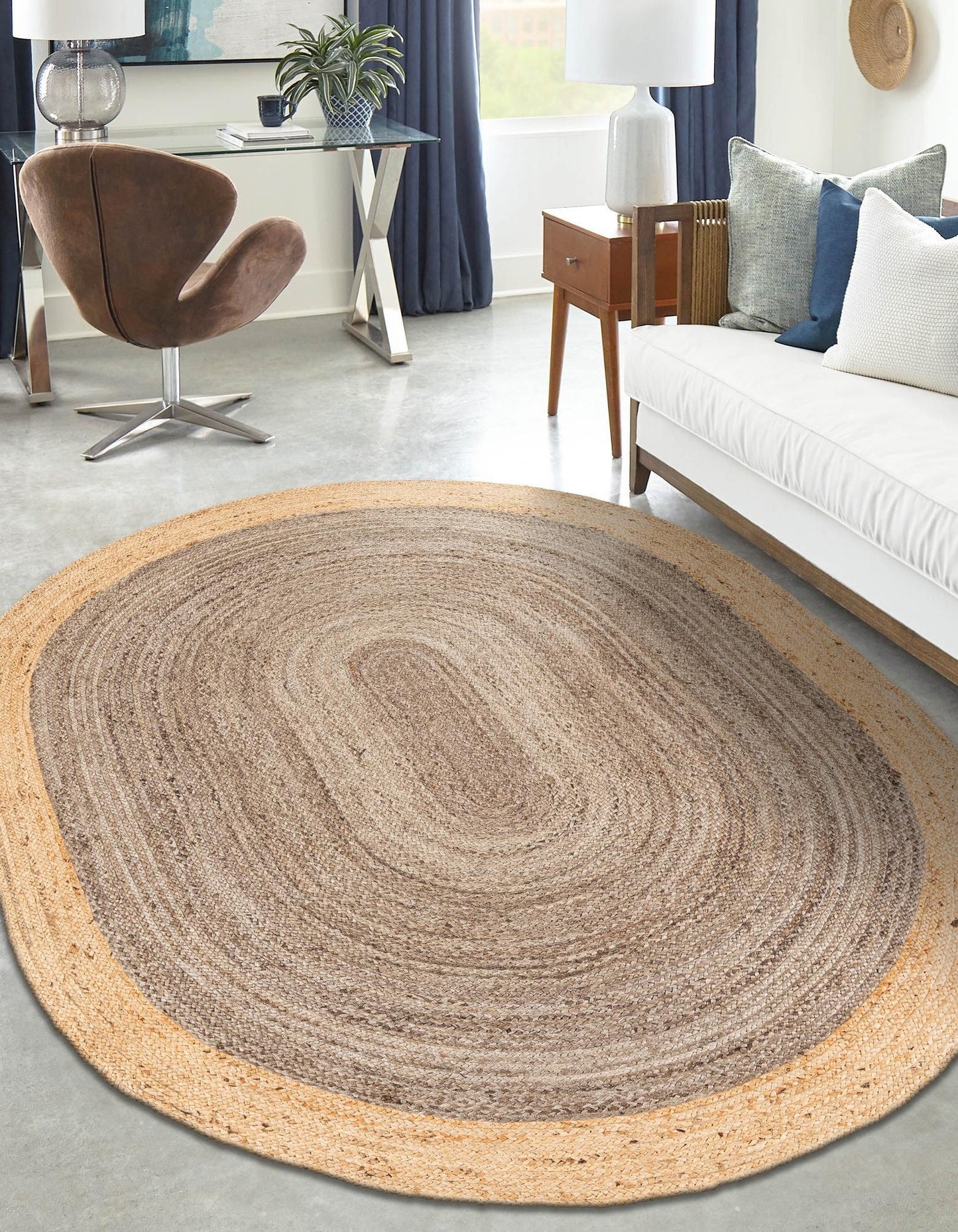 Handmade Round Grey & Natural Jute Rug – Grey Inner with Natural Border | Eco-Friendly Area Rug