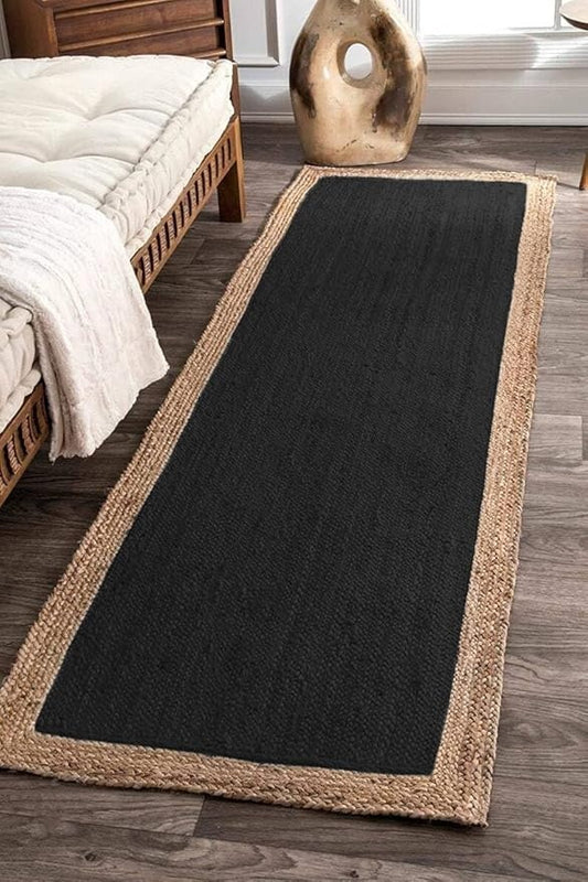 Handmade Braided Natural Jute Inner Black With Natural Border Floor Area Runner Rug