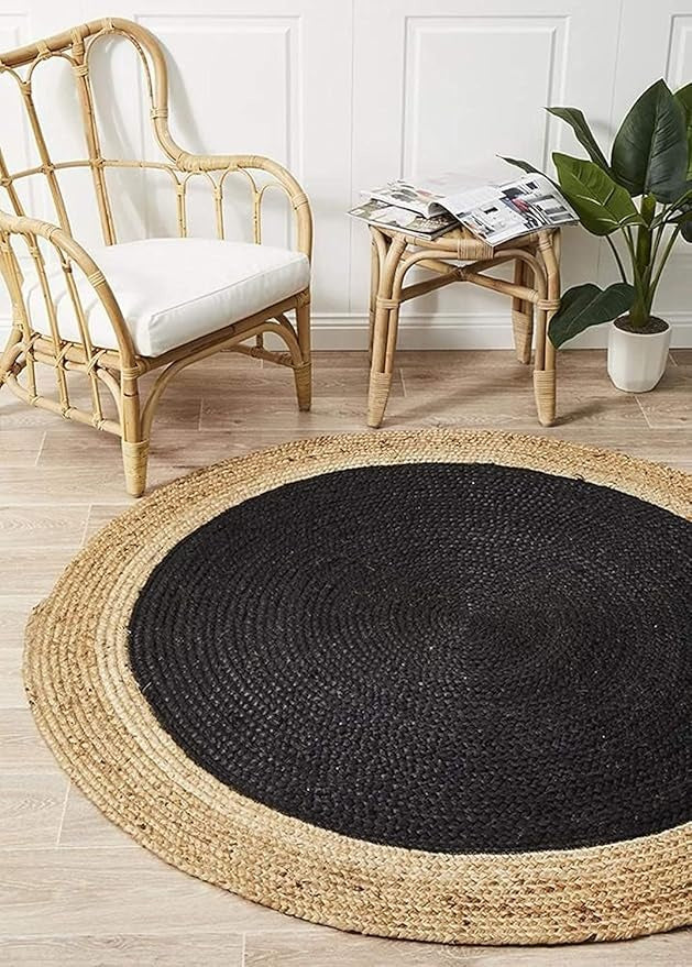 Handmade Black & Natural Jute Round Area Rug – Eco-Friendly Braided Jute Area Rug for Living Room & Bedroom