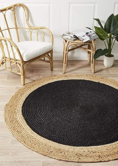 Handmade Black & Natural Jute Round Area Rug – Eco-Friendly Braided Jute Area Rug for Living Room & Bedroom