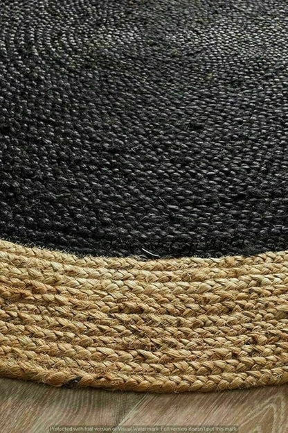 Handmade Black & Natural Jute Round Area Rug – Eco-Friendly Braided Jute Area Rug for Living Room & Bedroom