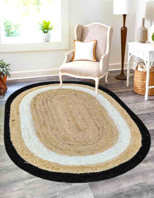 Natural Jute Oval Rug with White Accent & Black Border | Hand-Braided Modern Farmhouse Area Rug