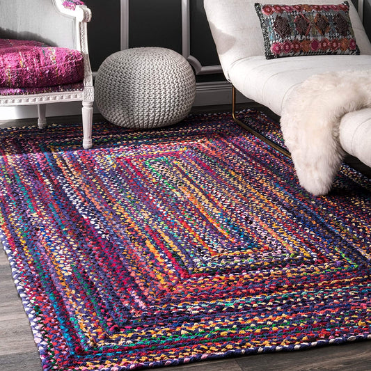 Handmade Braided Blue Multi Cotton Rectangle Floor Area Rug-Floor Carpet Rug-Bed Side Runner Rug