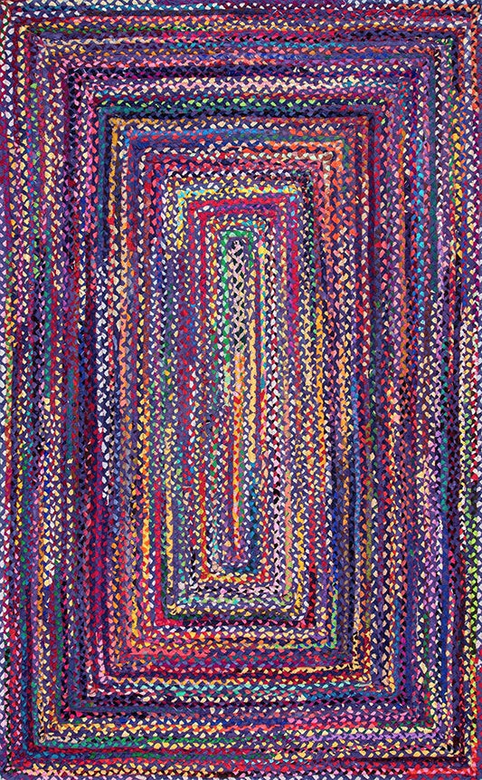 Handmade Braided Blue Multi Cotton Rectangle Floor Area Rug-Floor Carpet Rug-Bed Side Runner Rug